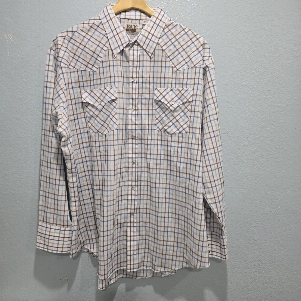 Ely Cattleman Men's XXL Plaid Western Shirt White, Blue, And Brown.